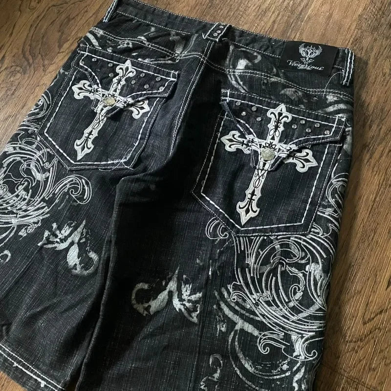 Y2K Fashion New Oversize Embroidery Loose Denim Shorts Men