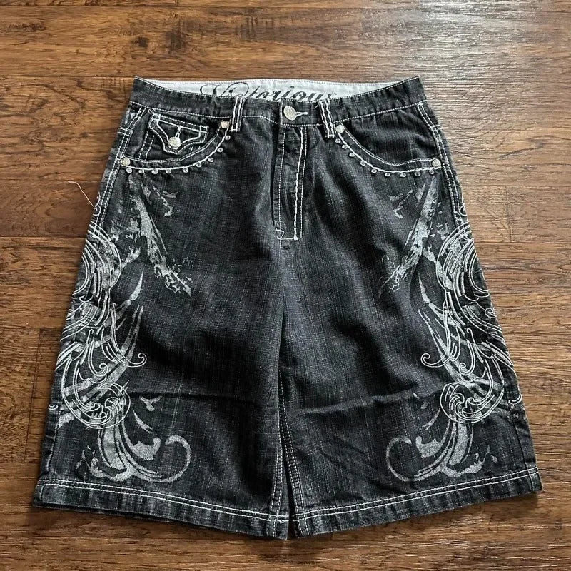 Y2K Fashion New Oversize Embroidery Loose Denim Shorts Men