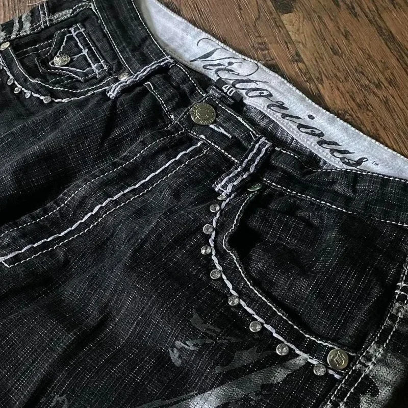 Y2K Fashion New Oversize Embroidery Loose Denim Shorts Men