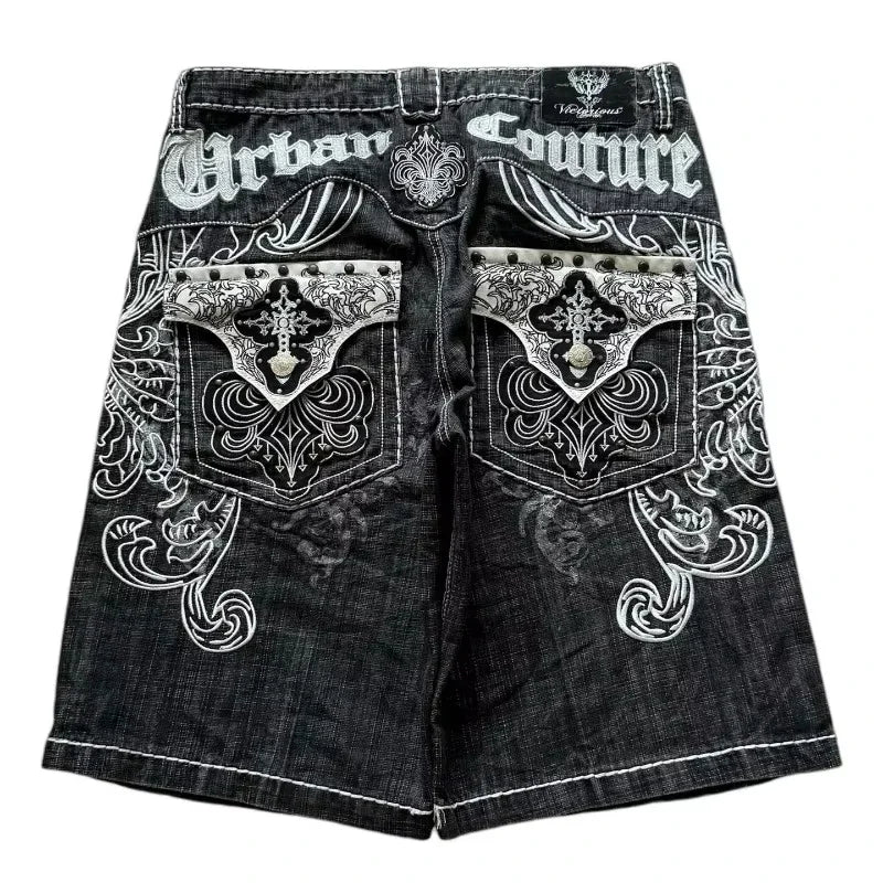 Y2K Fashion New Oversize Embroidery Loose Denim Shorts Men