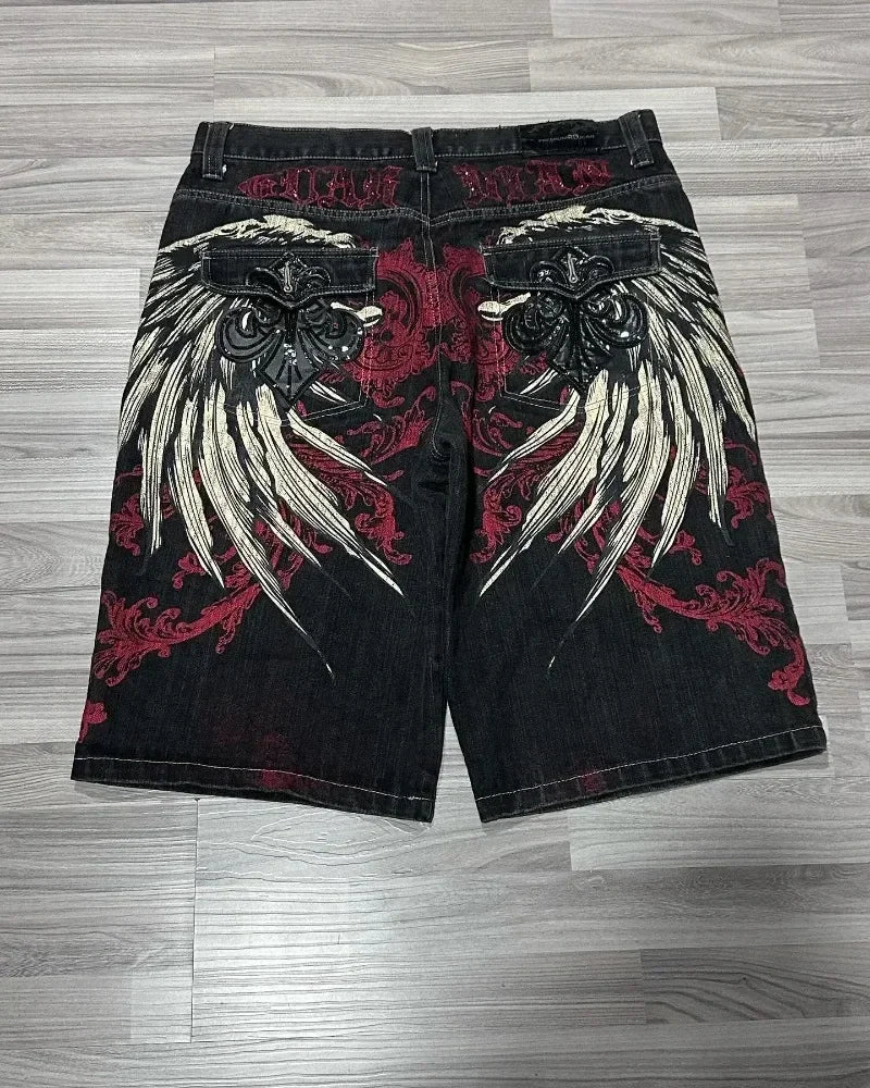 Y2K Fashion New Oversize Embroidery Loose Denim Shorts Men