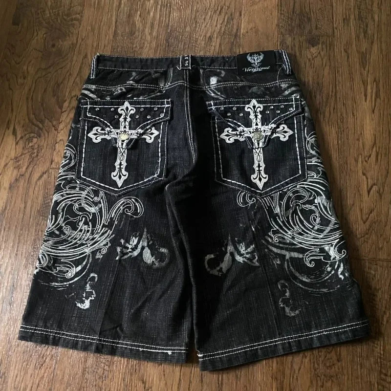 Y2K Fashion New Oversize Embroidery Loose Denim Shorts Men