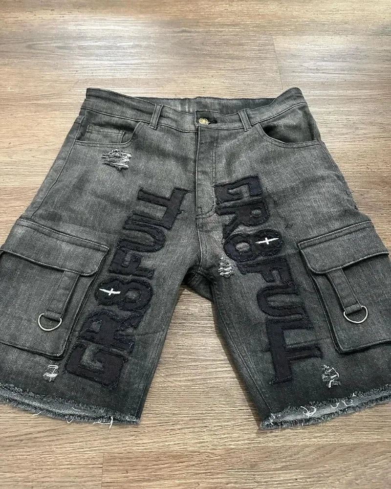 Y2K Fashion New Oversize Embroidery Loose Denim Shorts Men