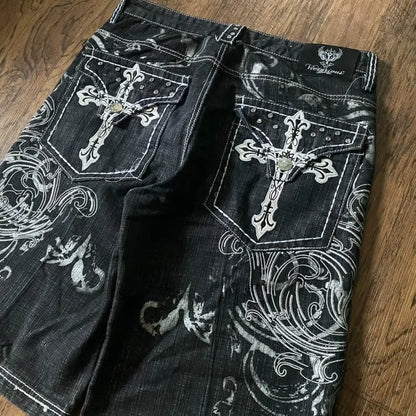 Y2K Fashion New Oversize Embroidery Loose Denim Shorts Men