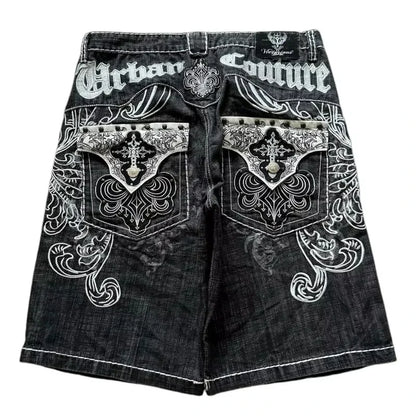 Y2K Fashion New Oversize Embroidery Loose Denim Shorts Men